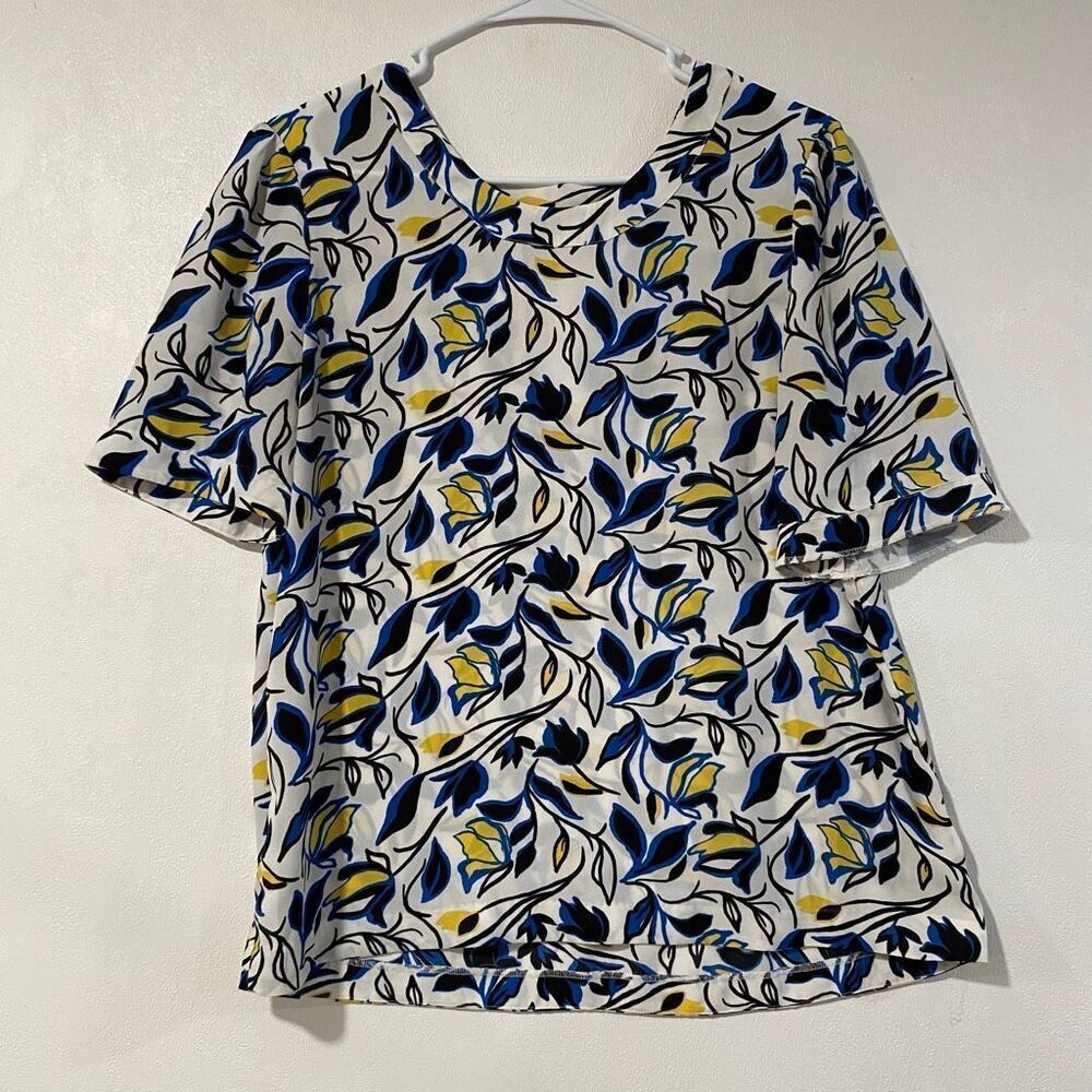 Halogen Floral Blouse Medium Blue Yellow Short Sleeve Nordstrom Top